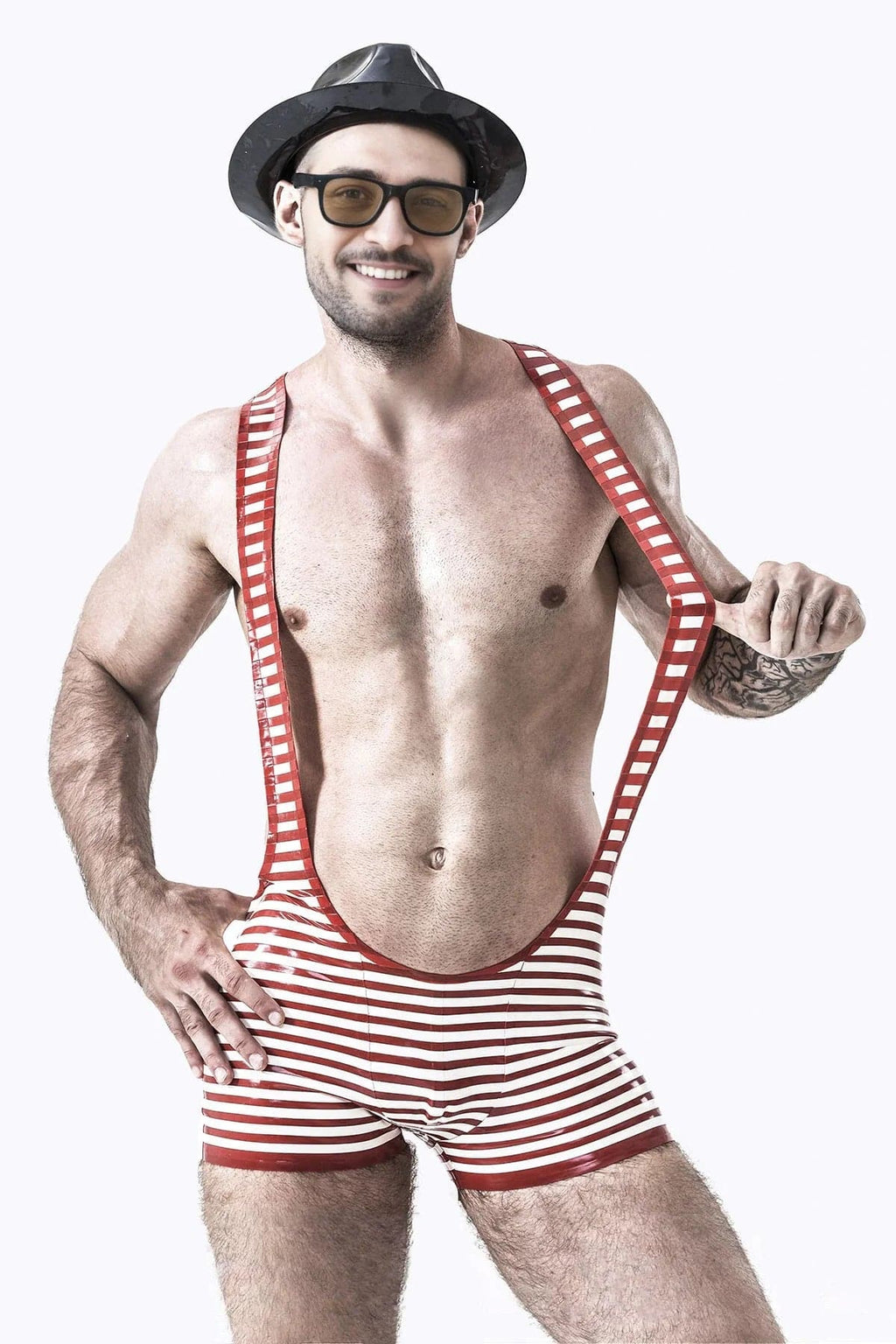 Latex Men’s Striped Wrestling Singlet with Short Legs – Red and White