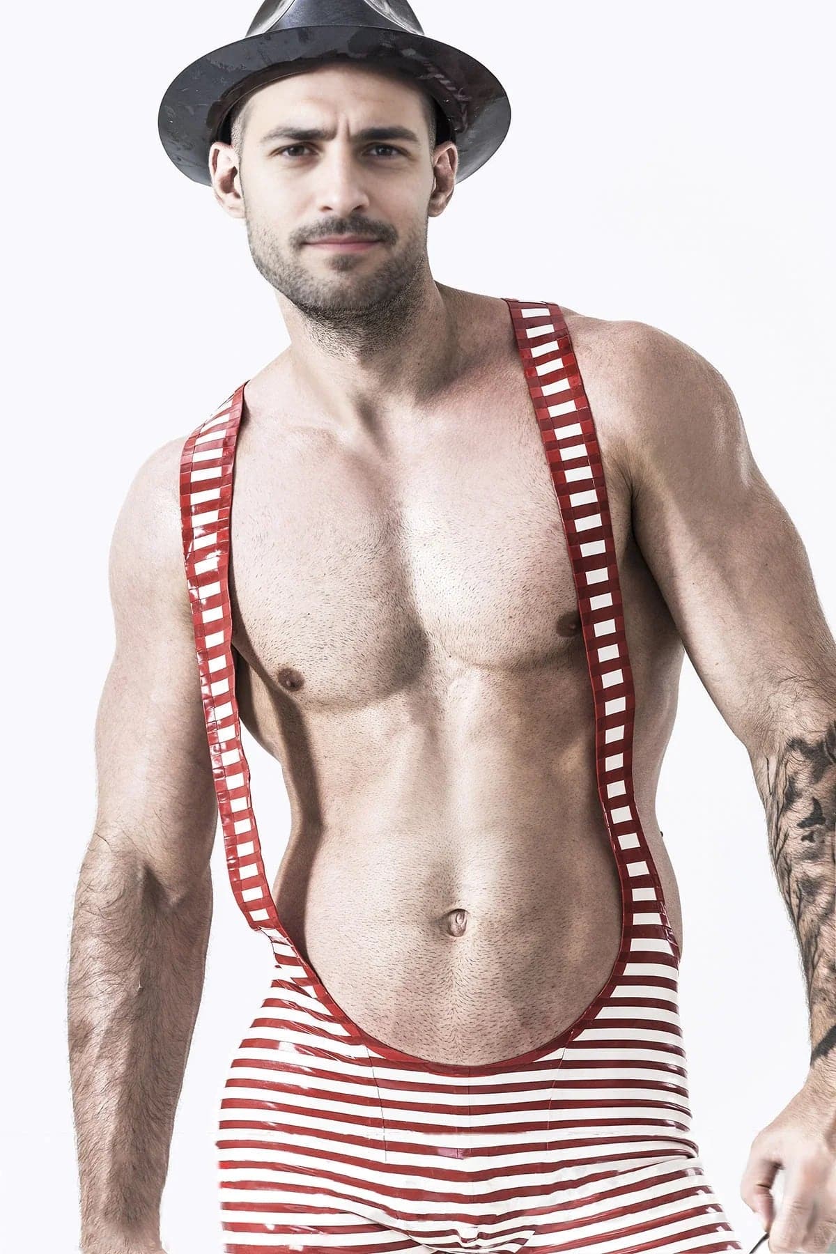Latex Men’s Striped Wrestling Singlet with Short Legs – Red and White