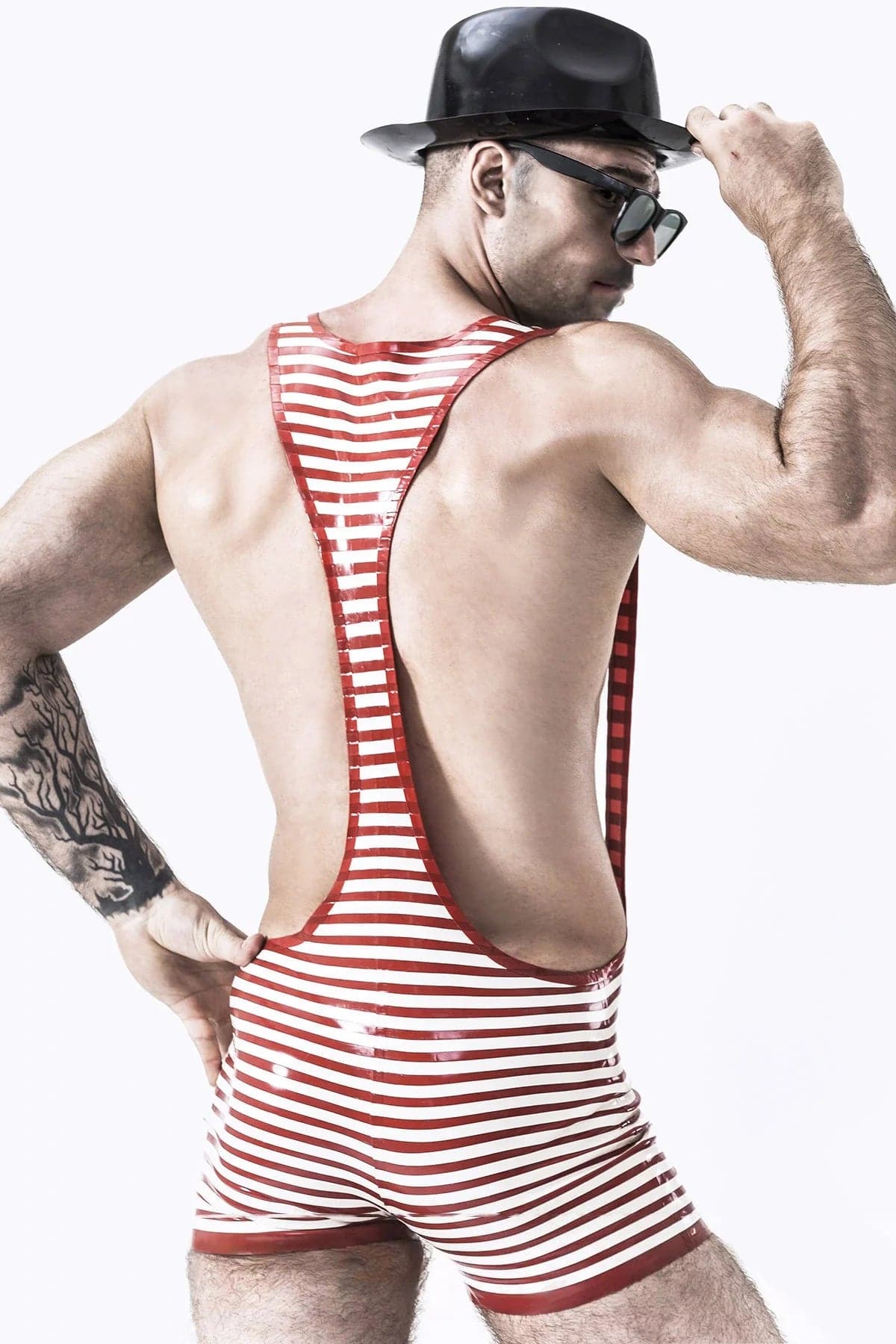 Latex Men’s Striped Wrestling Singlet with Short Legs – Red and White