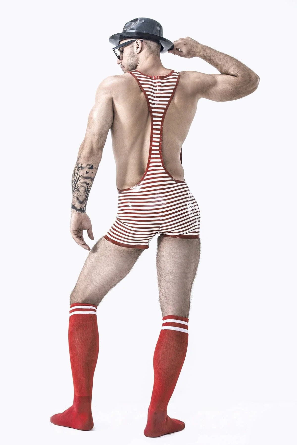 Latex Men’s Striped Wrestling Singlet with Short Legs – Red and White