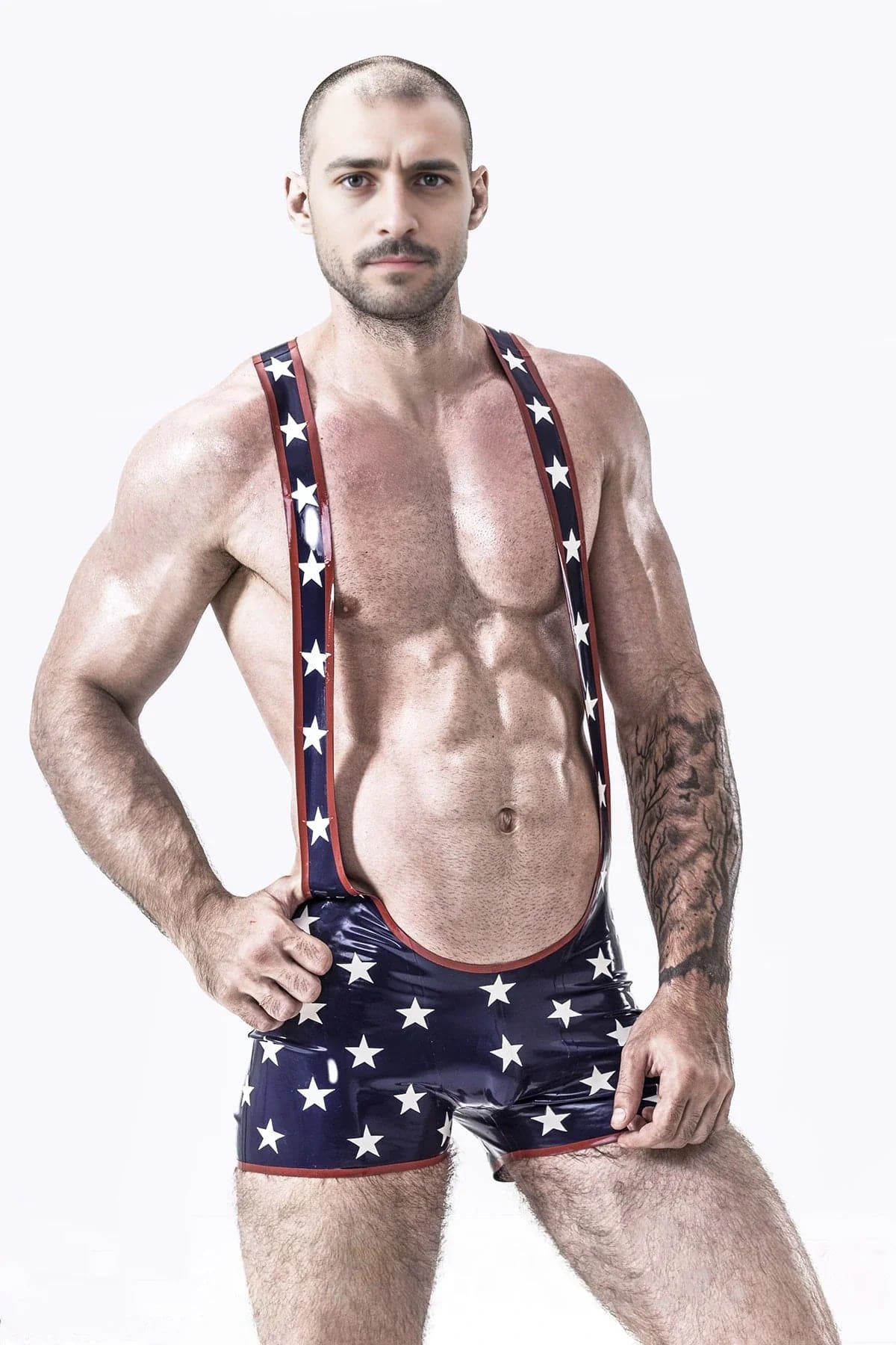 Latex Men’s Star-Spangled Wrestling Suit – Navy, White and Red