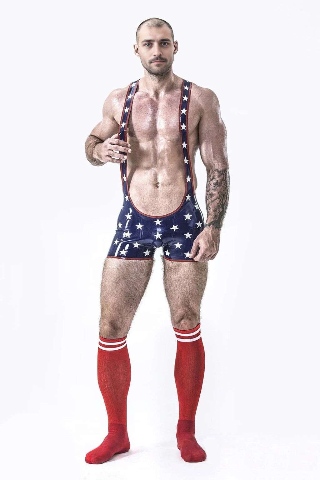 Latex Men’s Star-Spangled Wrestling Suit – Navy, White and Red