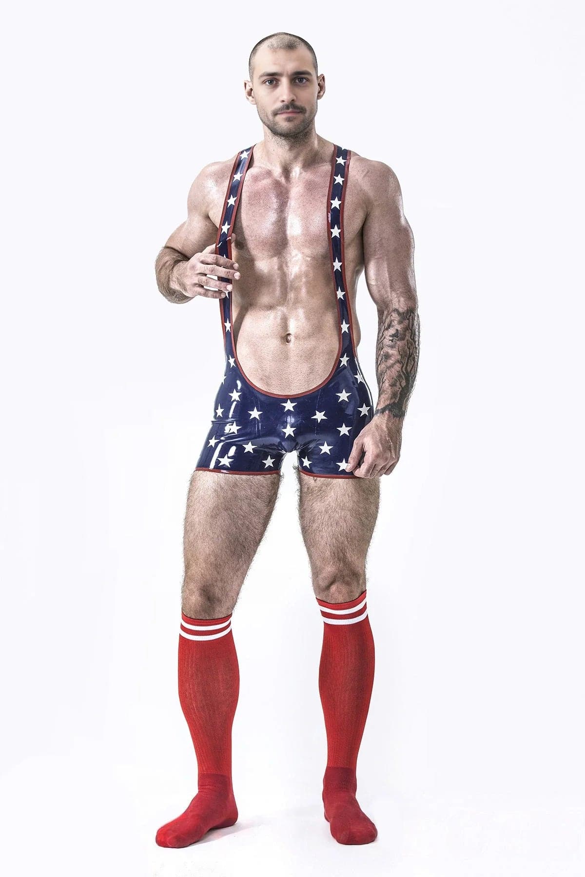 Latex Men’s Star-Spangled Wrestling Suit – Navy, White and Red