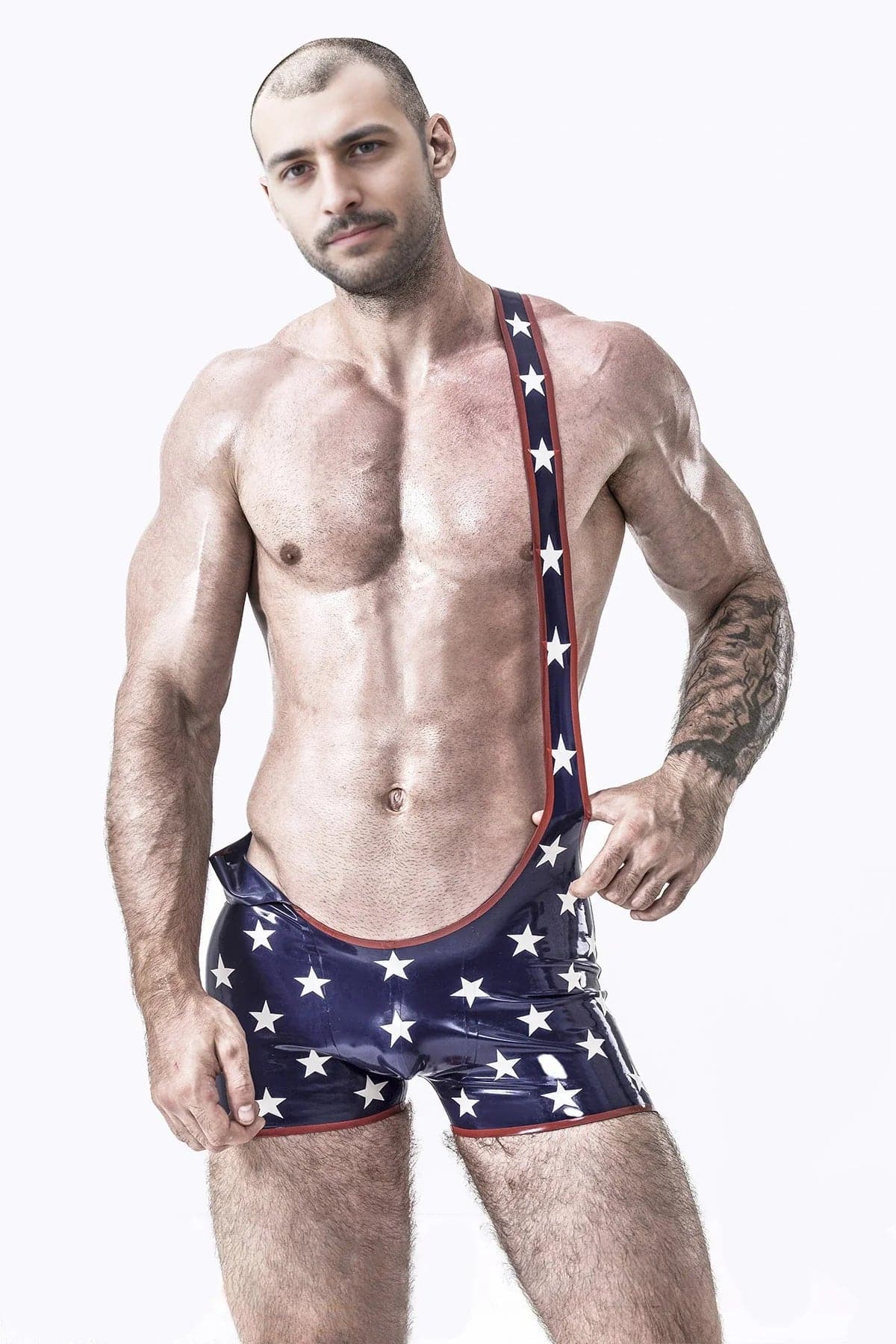 Latex Men’s Star-Spangled Wrestling Suit – Navy, White and Red