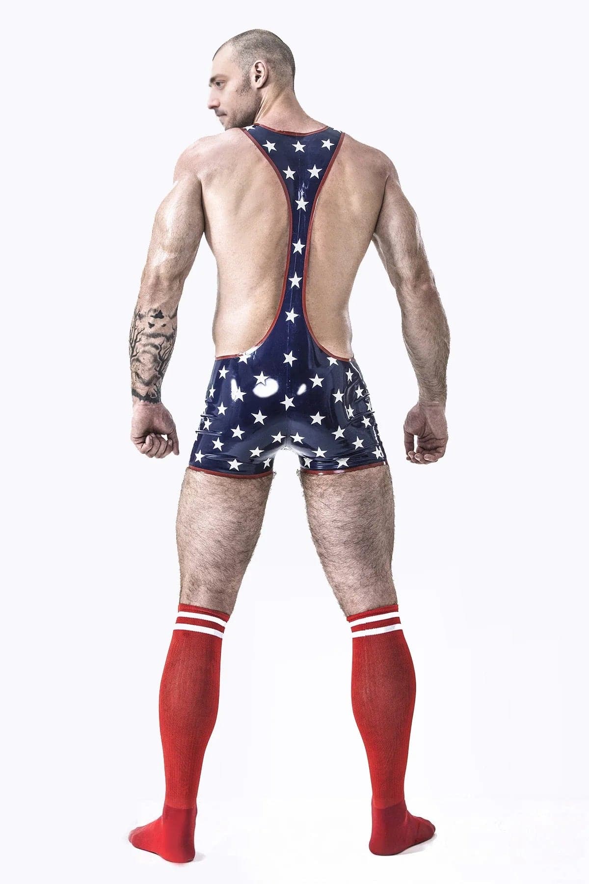 Latex Men’s Star-Spangled Wrestling Suit – Navy, White and Red