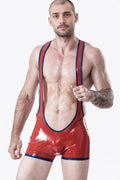 Latex Men’s Open-Bum Wrestling Suit with Metallic Trim – Red and Blue