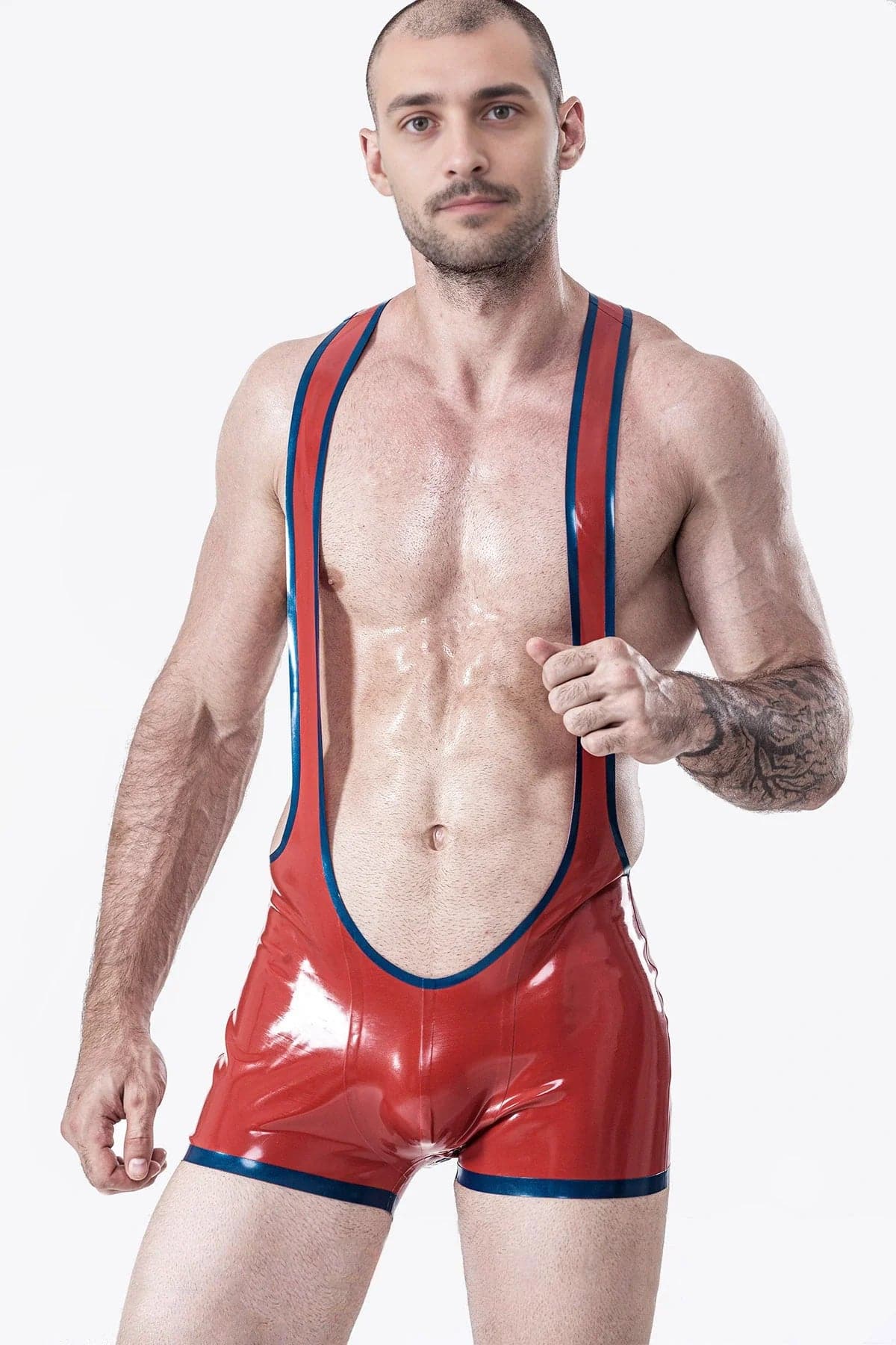 Latex Men’s Open-Bum Wrestling Suit with Metallic Trim – Red and Blue