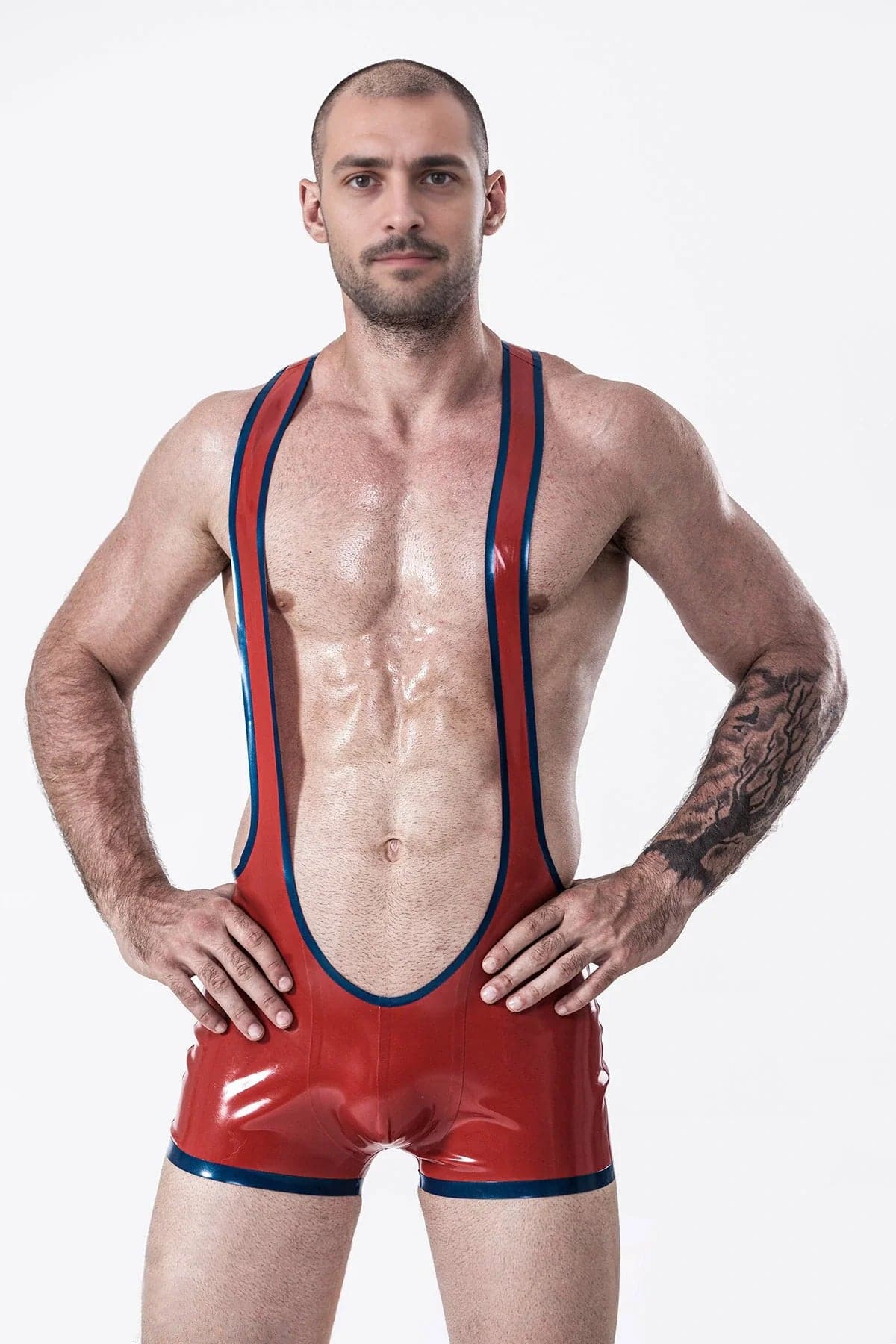 Latex Men’s Open-Bum Wrestling Suit with Metallic Trim – Red and Blue