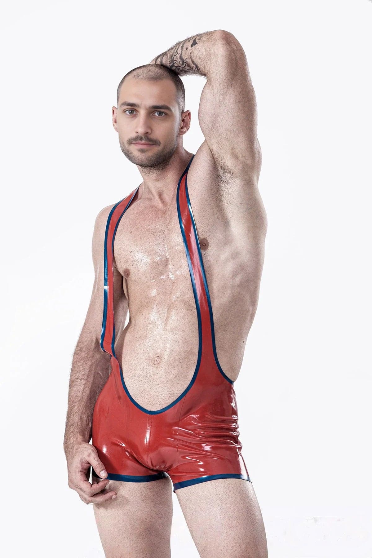 Latex Men’s Open-Bum Wrestling Suit with Metallic Trim – Red and Blue