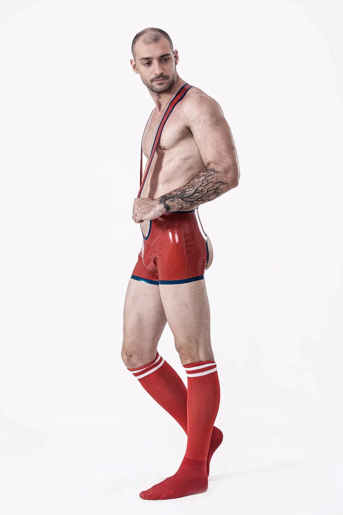 Latex Men’s Open-Bum Wrestling Suit with Metallic Trim – Red and Blue