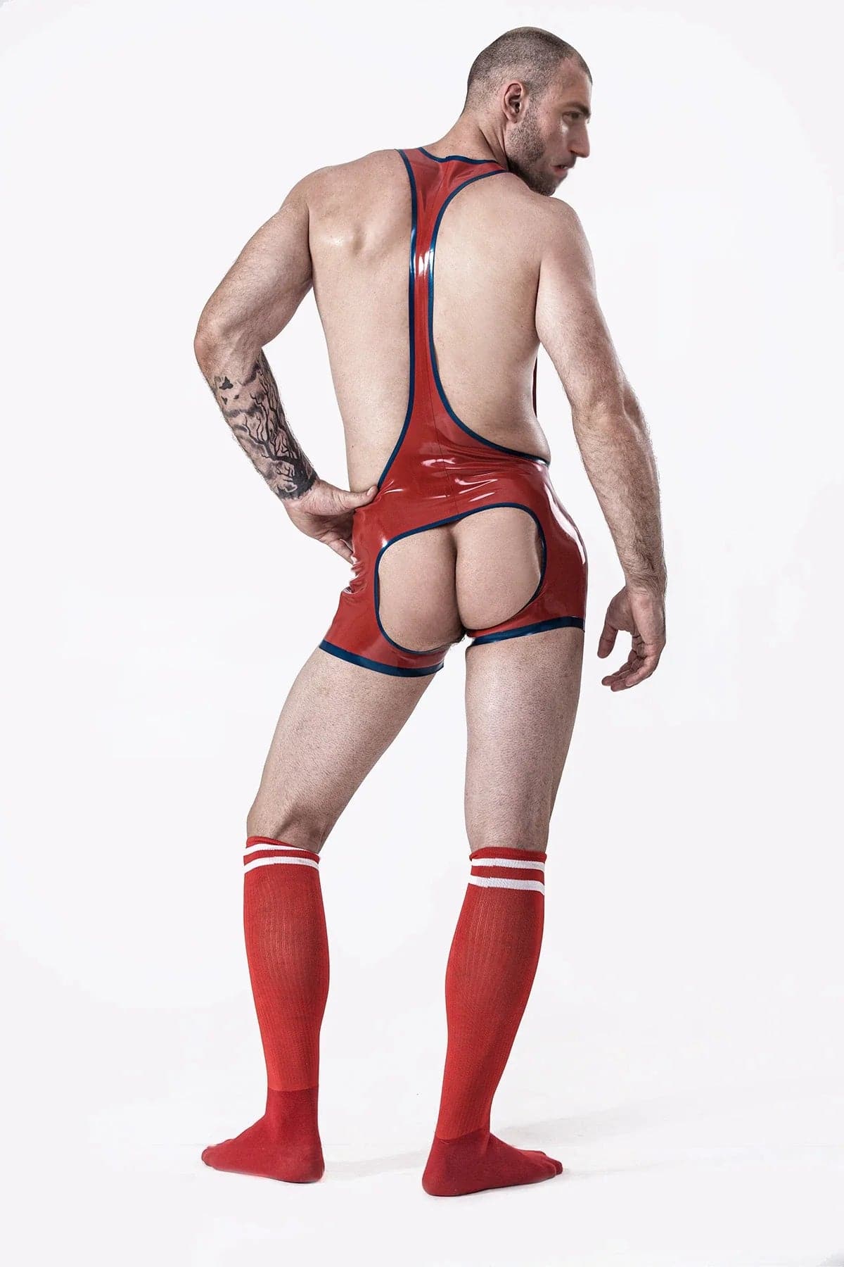 Latex Men’s Open-Bum Wrestling Suit with Metallic Trim – Red and Blue