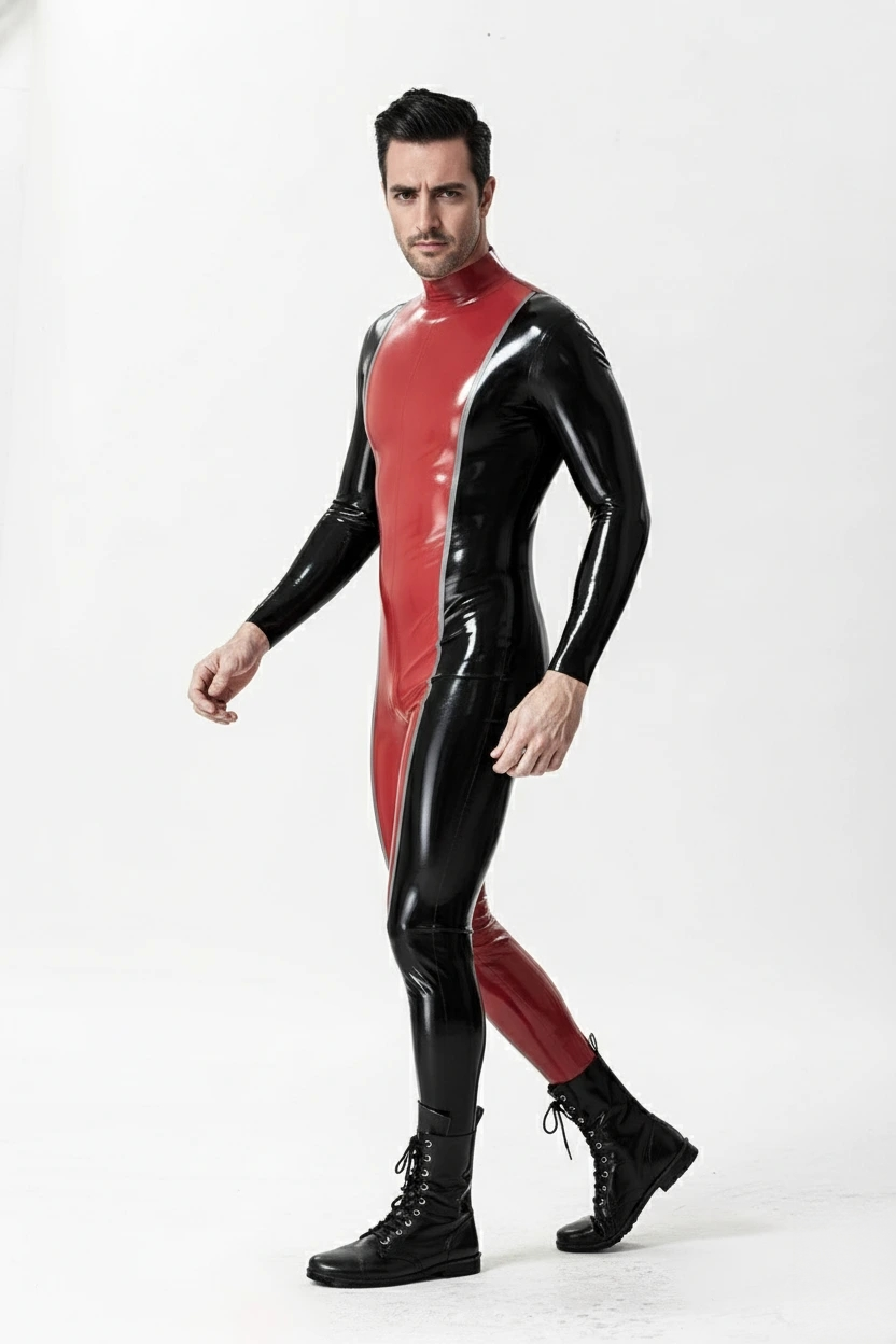 Latex Men’s Two-Tone Catsuit with Metallic Silver Divider Strips – Red and Black