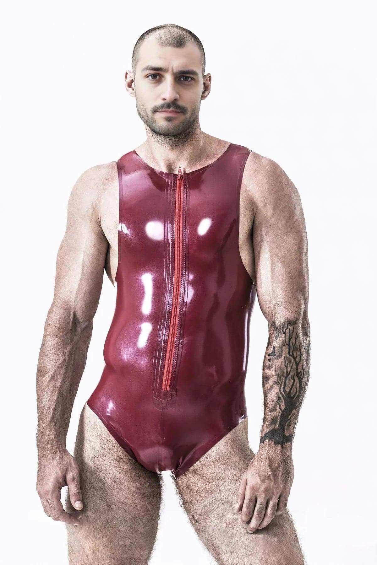 Latex Men’s Sleeveless Leotard with Front Zip – Metallic Red
