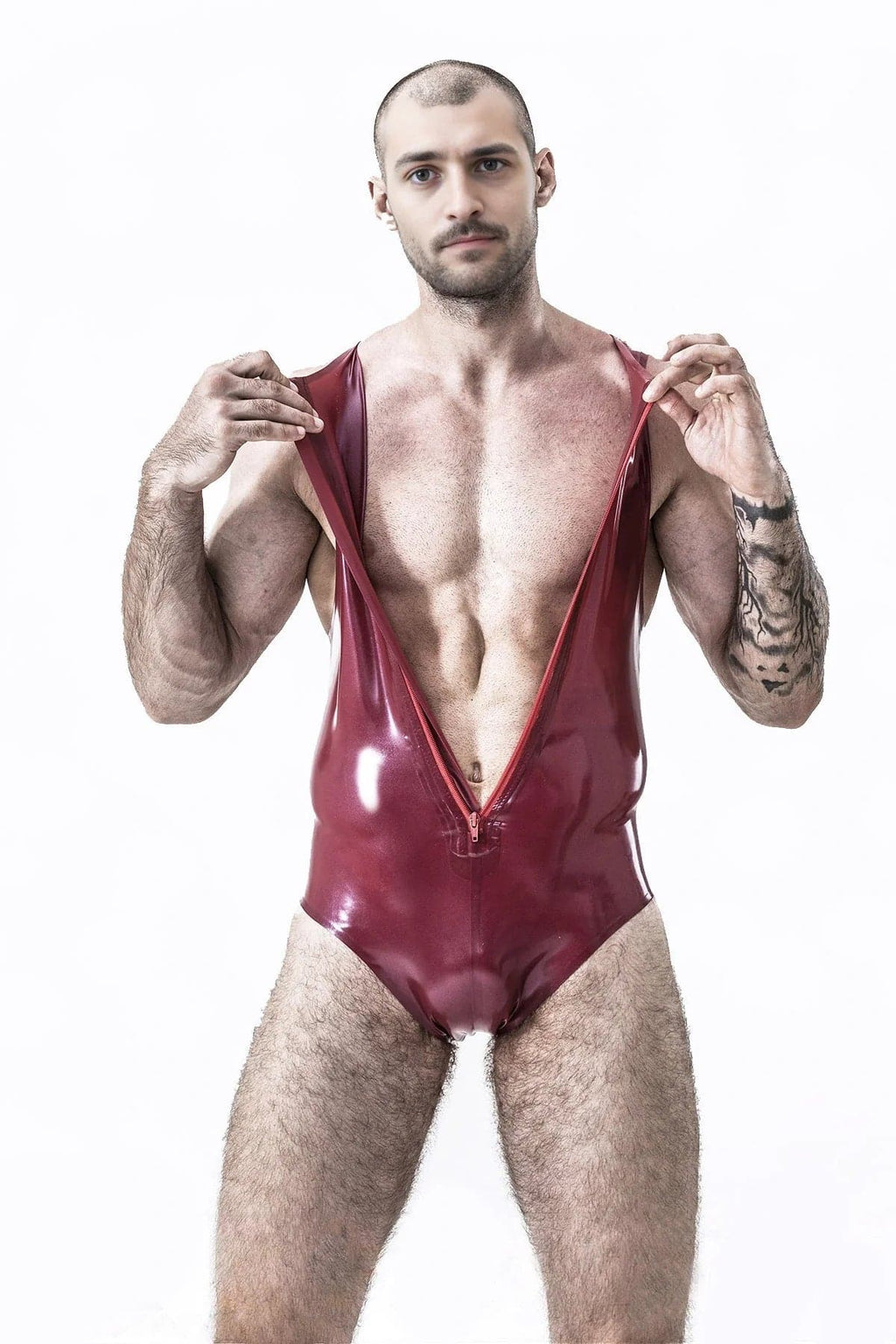 Latex Men’s Sleeveless Leotard with Front Zip – Metallic Red