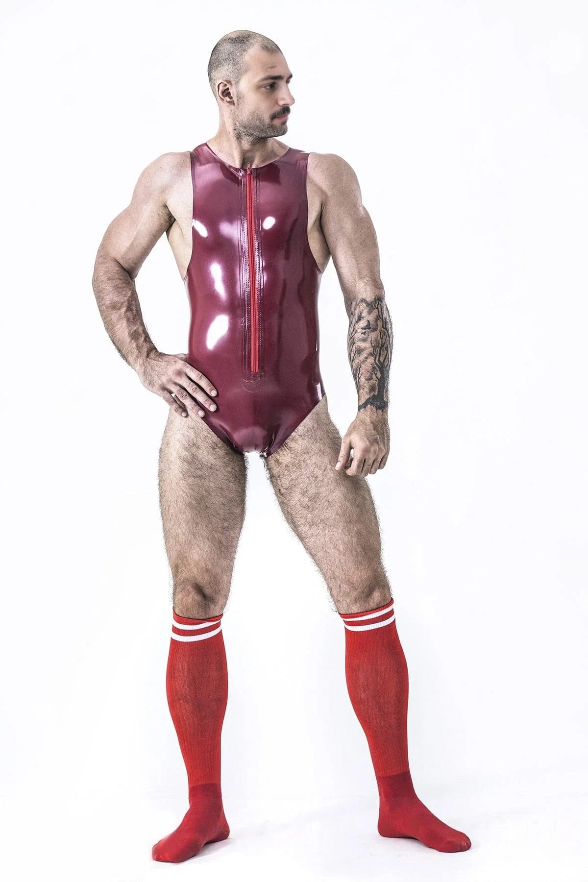 Latex Men’s Sleeveless Leotard with Front Zip – Metallic Red