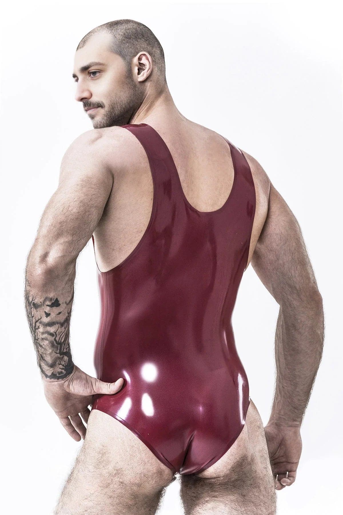 Latex Men’s Sleeveless Leotard with Front Zip – Metallic Red