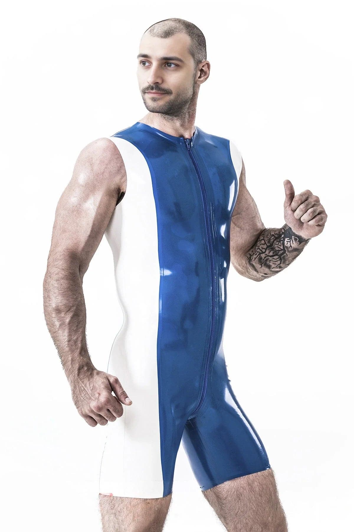 Latex Men’s Sleeveless Surfsuit with Through-Crotch Zip – Blue and White