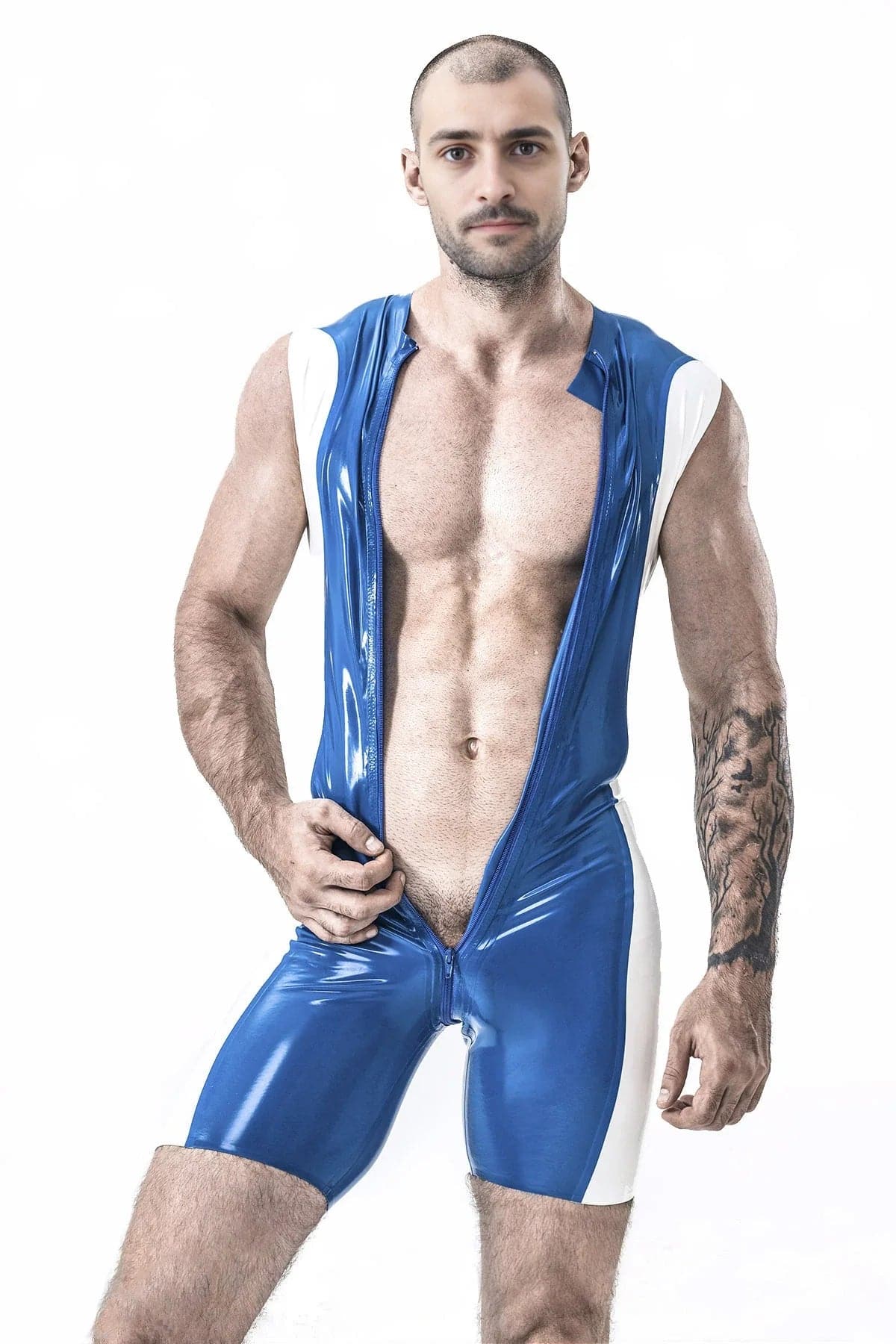 Latex Men’s Sleeveless Surfsuit with Through-Crotch Zip – Blue and White