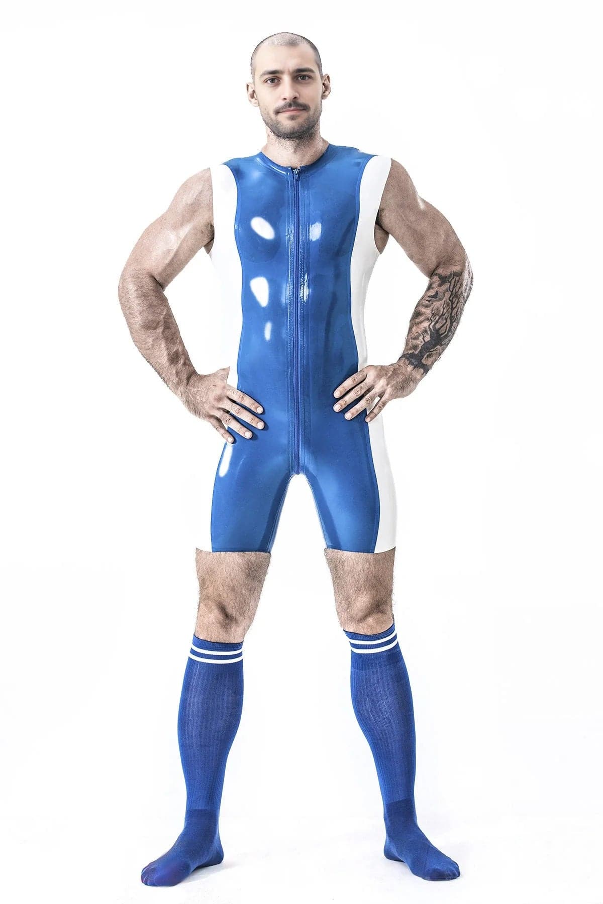 Latex Men’s Sleeveless Surfsuit with Through-Crotch Zip – Blue and White