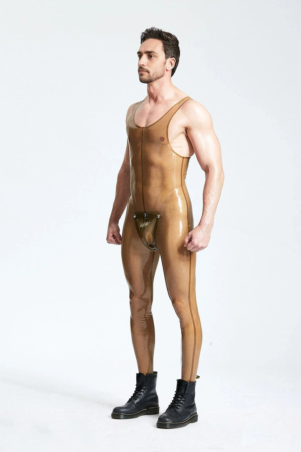 Latex Men’s Singlet Catsuit with Studded Codpiece – Translucent Grey