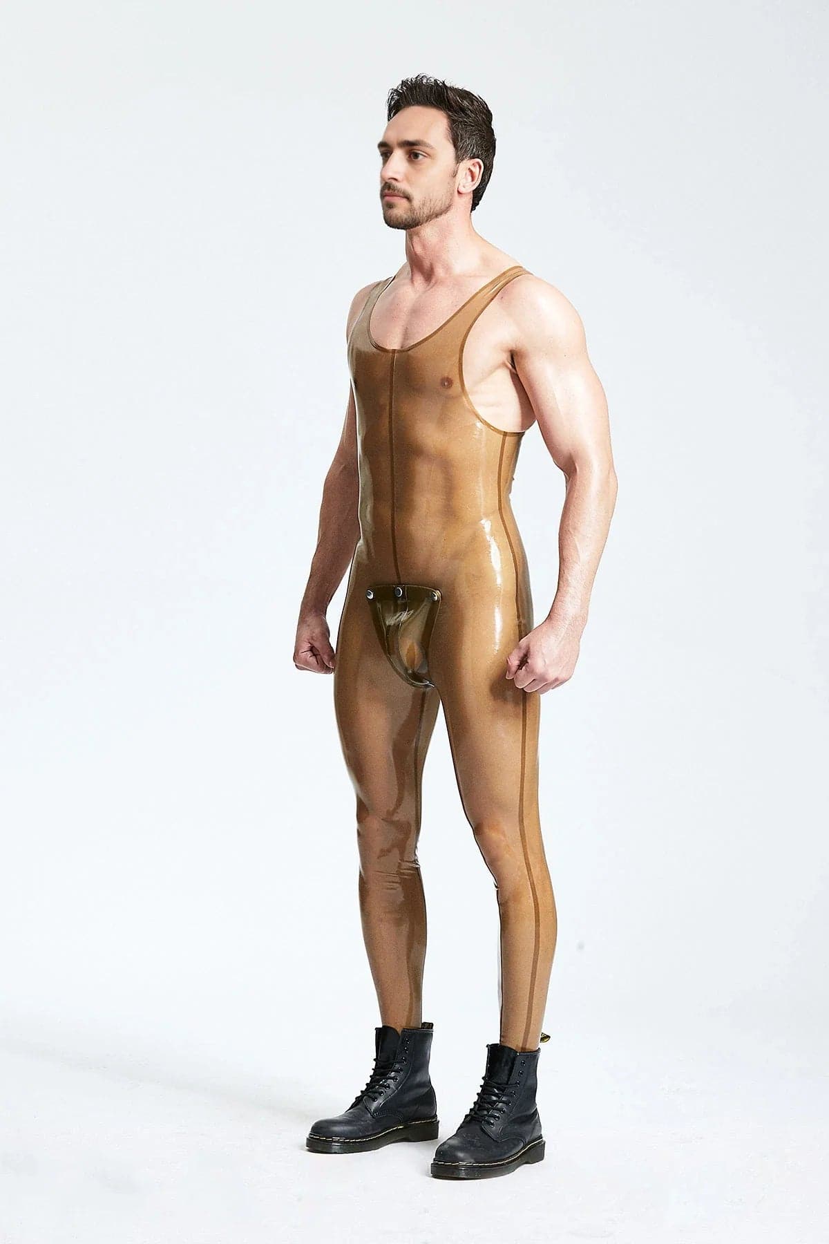 Latex Men’s Singlet Catsuit with Studded Codpiece – Translucent Grey