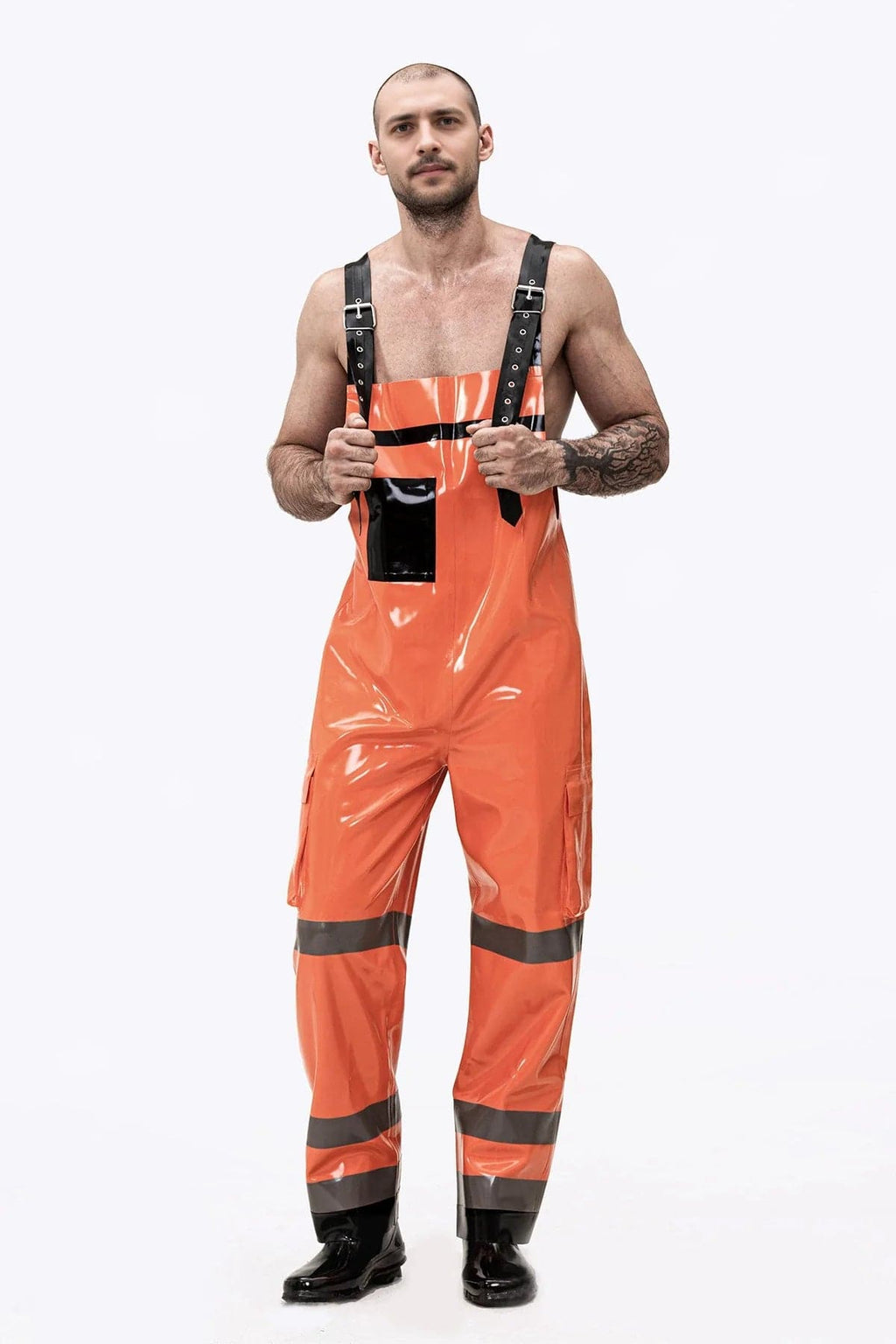 Latex Men’s Dungarees with Adjustable Straps and Pockets – Orange, Black and Pewter