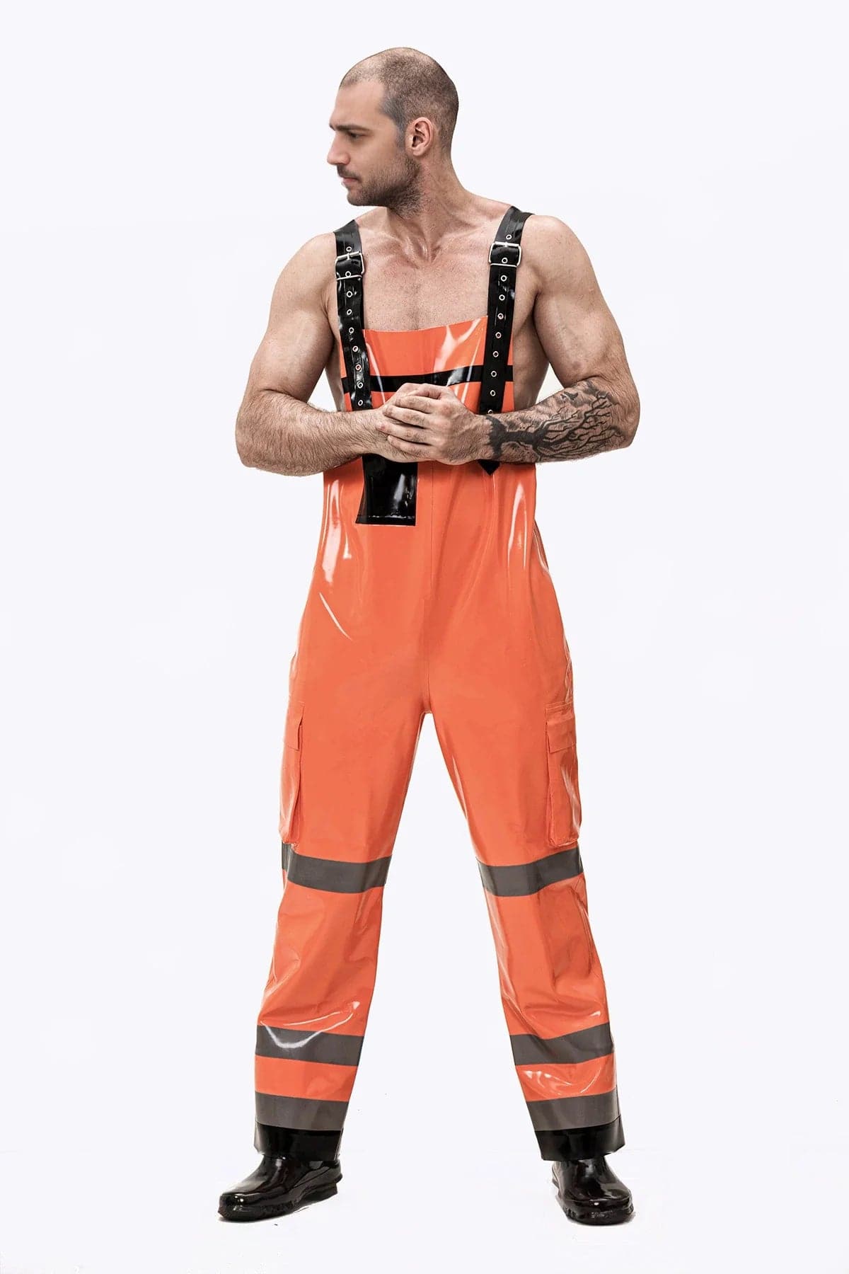 Latex Men’s Dungarees with Adjustable Straps and Pockets – Orange, Black and Pewter