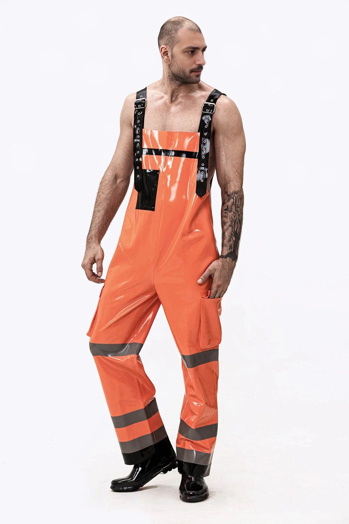 Latex Men’s Dungarees with Adjustable Straps and Pockets – Orange, Black and Pewter