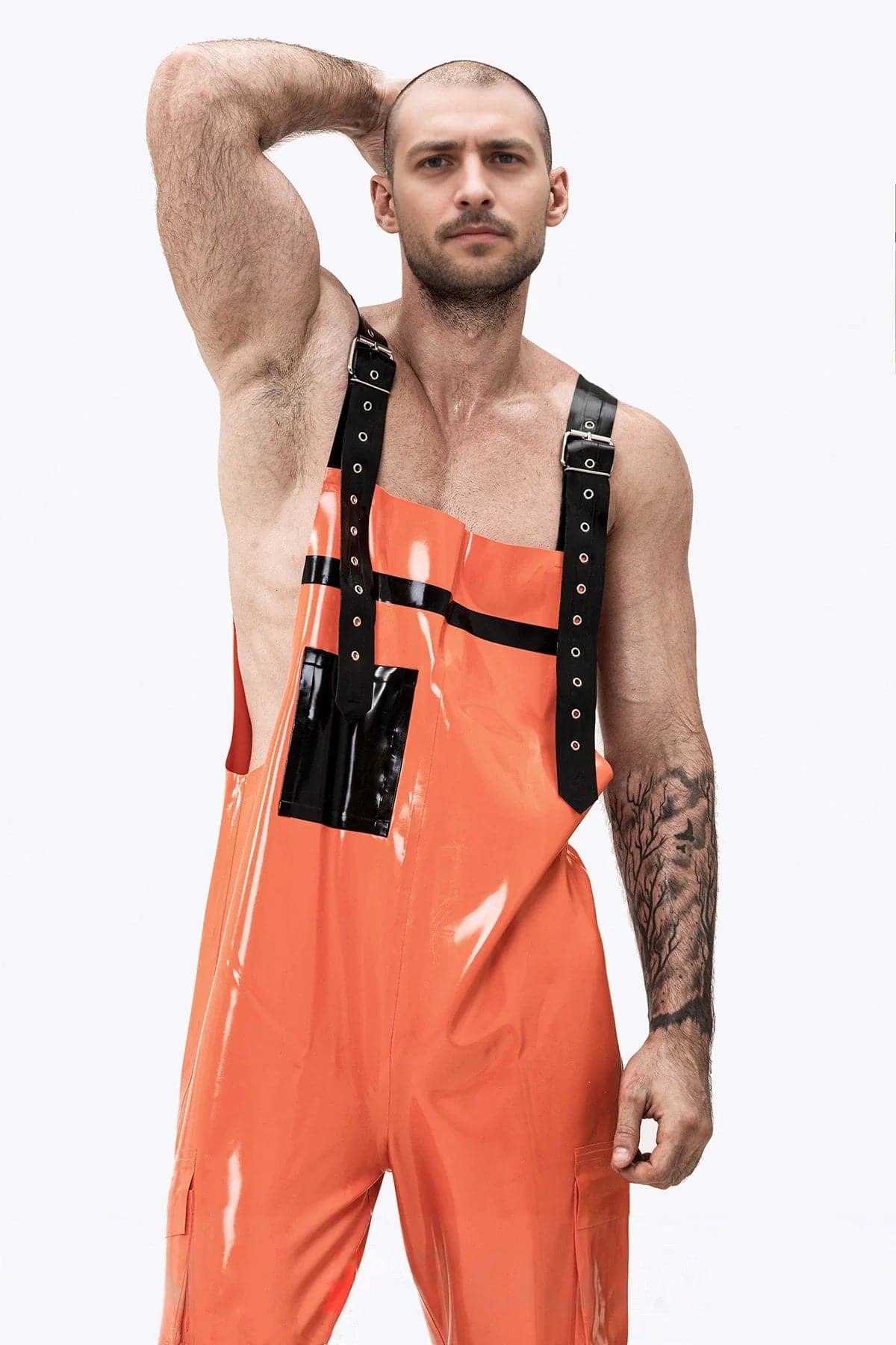 Latex Men’s Dungarees with Adjustable Straps and Pockets – Orange, Black and Pewter