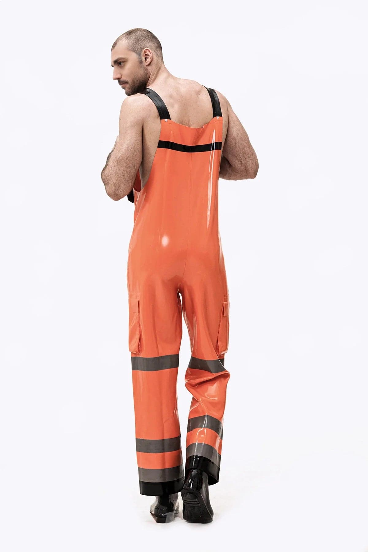 Latex Men’s Dungarees with Adjustable Straps and Pockets – Orange, Black and Pewter