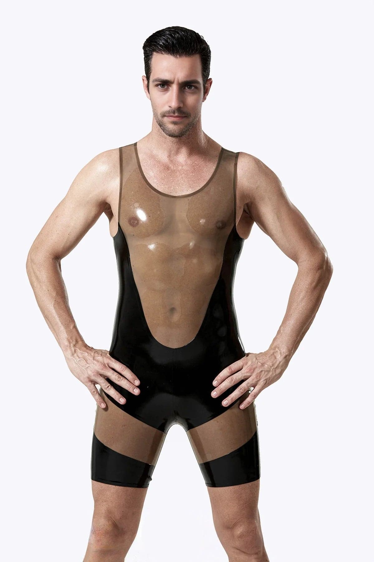 Latex Men’s Two-Tone Singlet Suit with Short Legs – Translucent Grey and Black