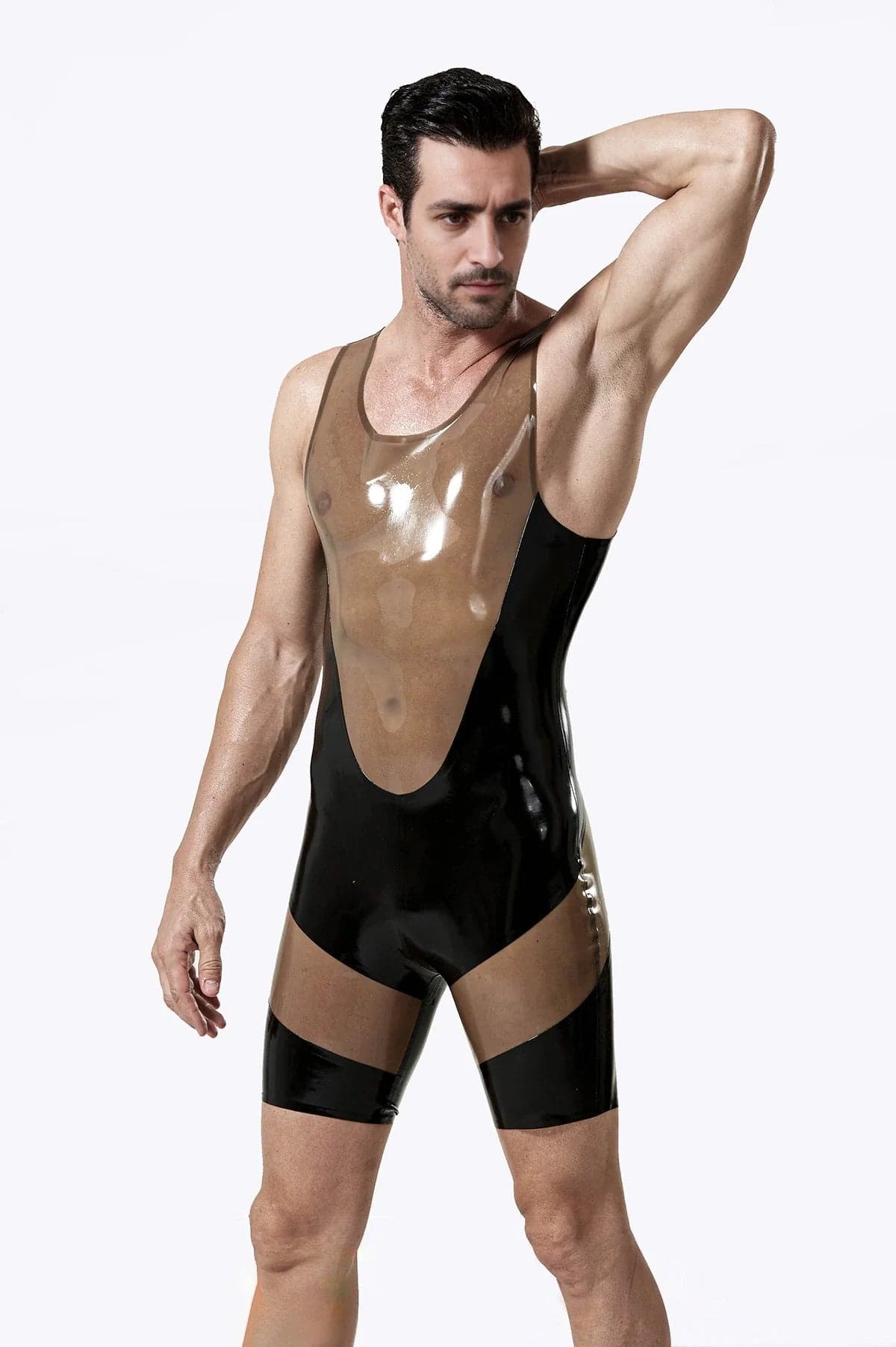 Latex Men’s Two-Tone Singlet Suit with Short Legs – Translucent Grey and Black