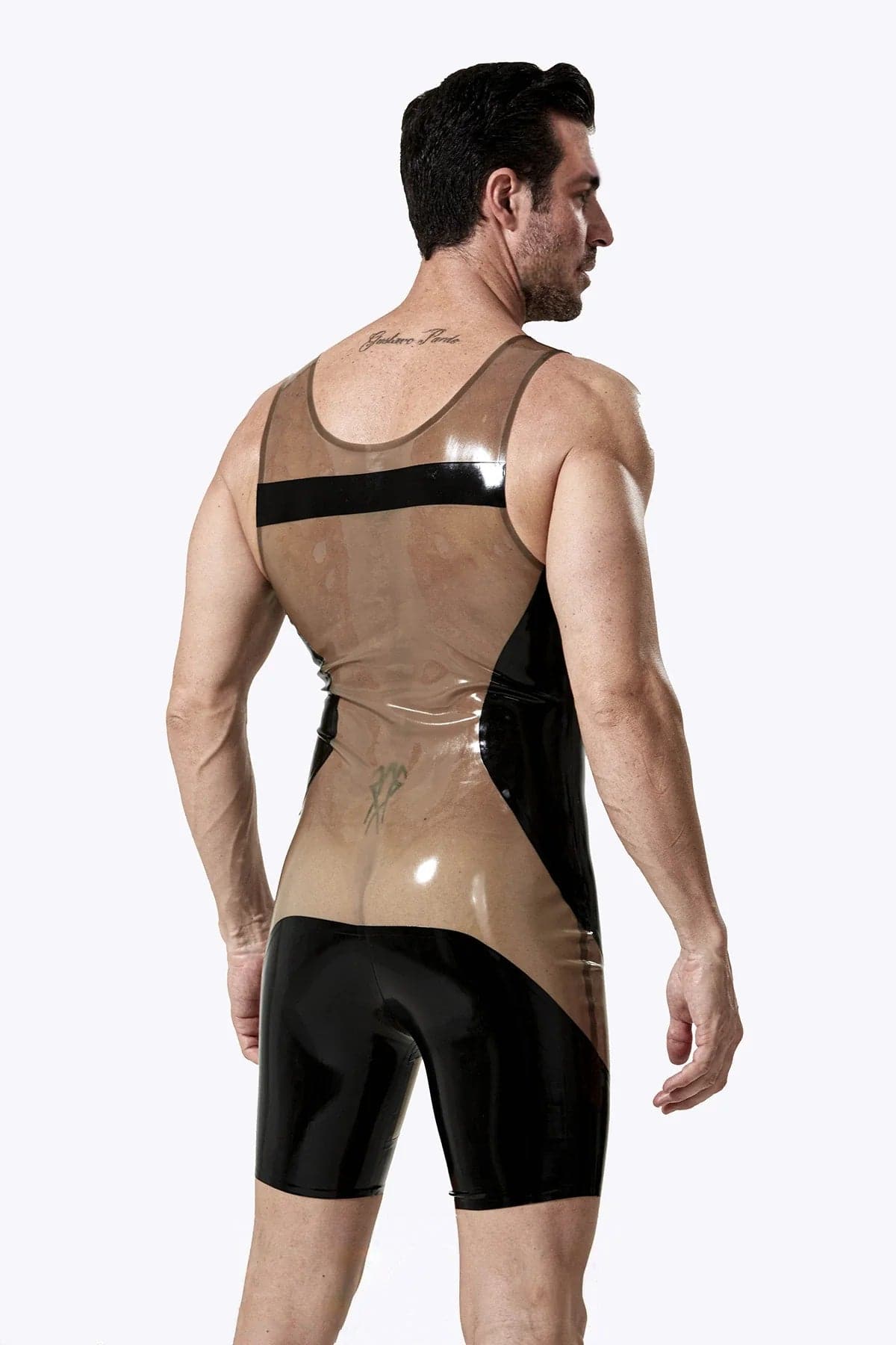 Latex Men’s Two-Tone Singlet Suit with Short Legs – Translucent Grey and Black