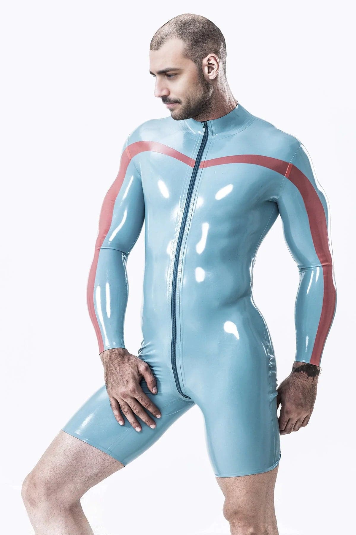 Latex Men’s Long-Sleeved Surfsuit with Chevron Stripe Detail – Light Blue and Red