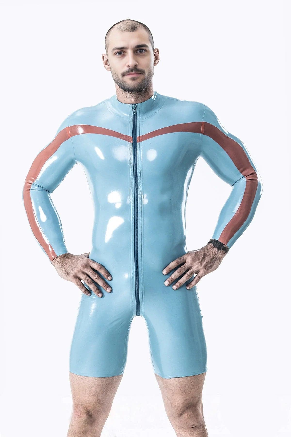 Latex Men’s Long-Sleeved Surfsuit with Chevron Stripe Detail – Light Blue and Red