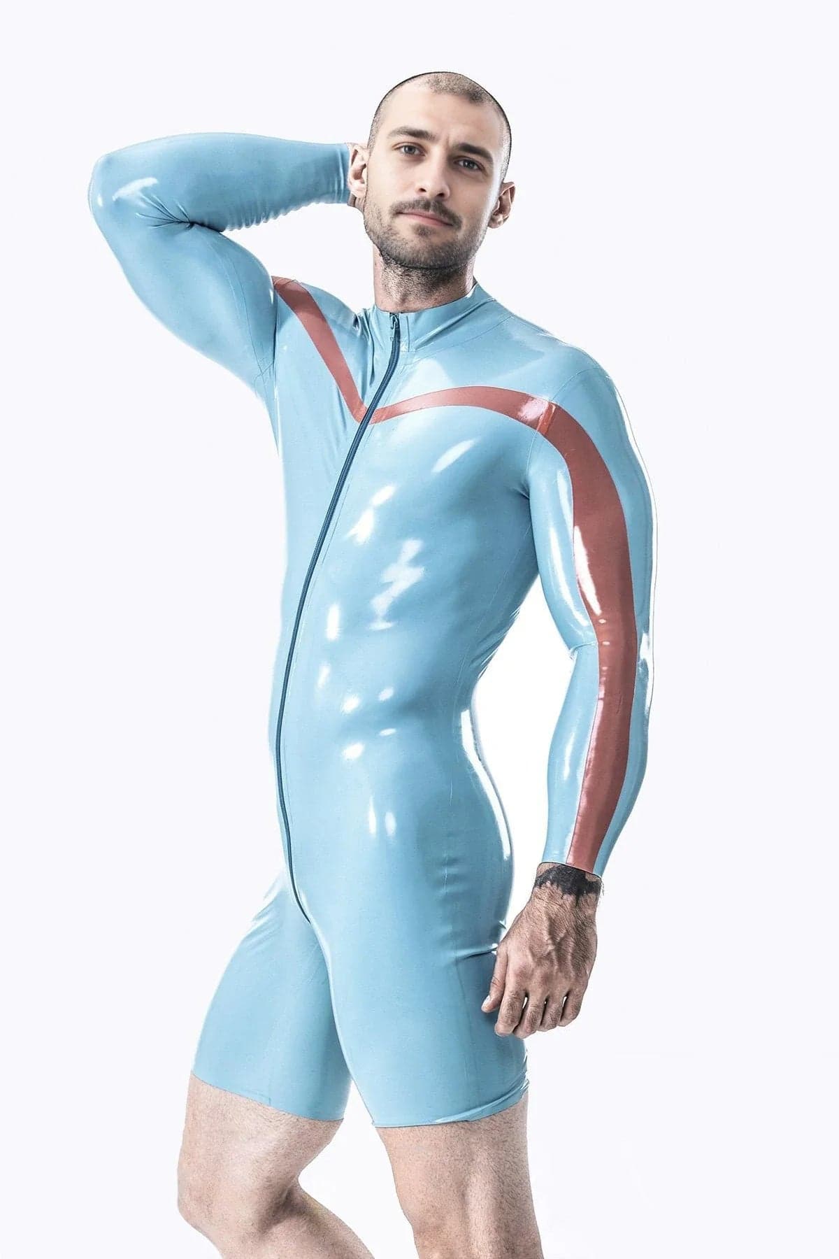 Latex Men’s Long-Sleeved Surfsuit with Chevron Stripe Detail – Light Blue and Red