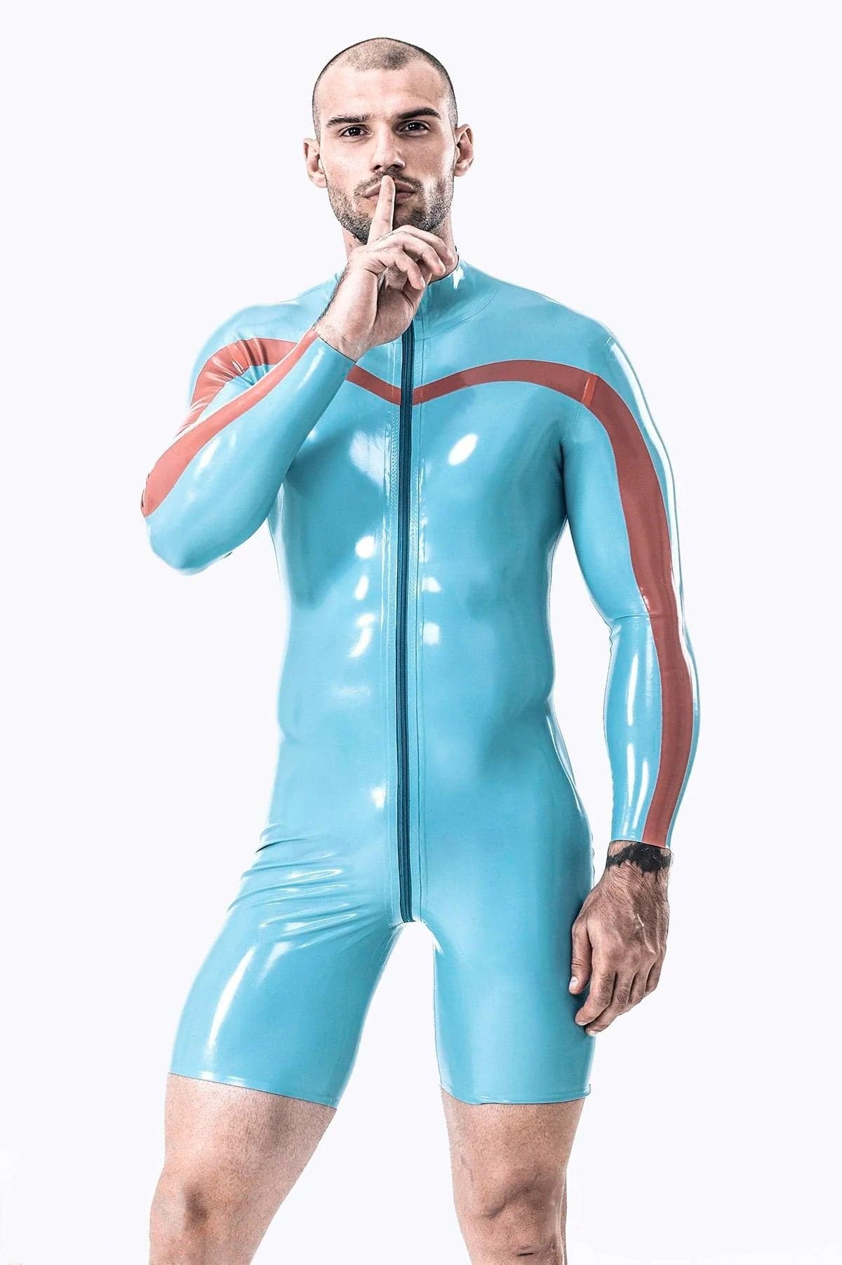 Latex Men’s Long-Sleeved Surfsuit with Chevron Stripe Detail – Light Blue and Red