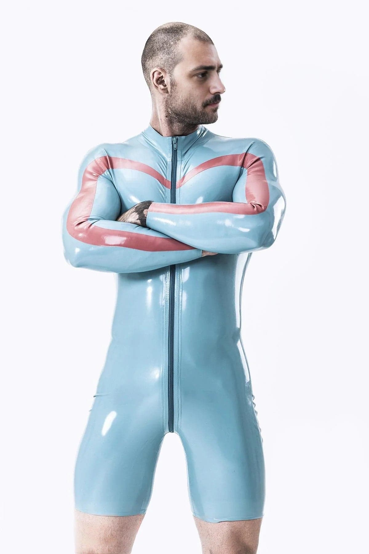 Latex Men’s Long-Sleeved Surfsuit with Chevron Stripe Detail – Light Blue and Red