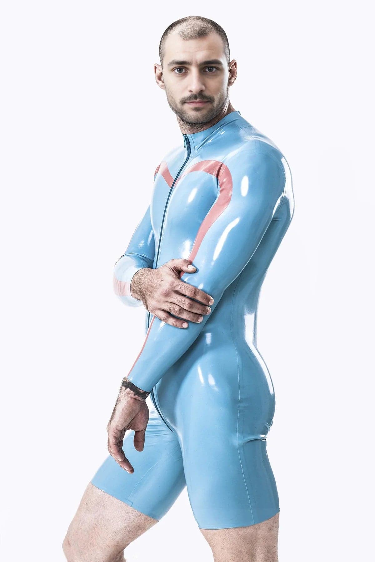 Latex Men’s Long-Sleeved Surfsuit with Chevron Stripe Detail – Light Blue and Red