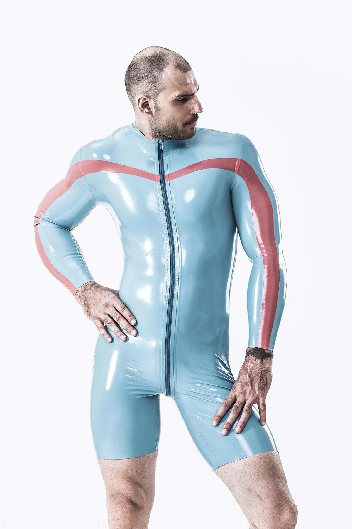 Latex Men’s Long-Sleeved Surfsuit with Chevron Stripe Detail – Light Blue and Red
