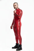 Latex Men’s Catsuit with Double Stripe and Shoulder Zippers – Red and Black
