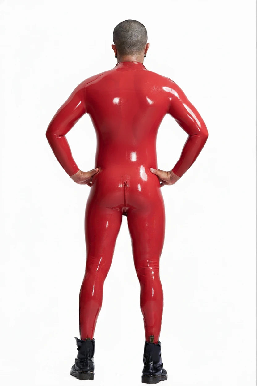 Latex Men’s Catsuit with Double Stripe and Shoulder Zippers – Red and Black