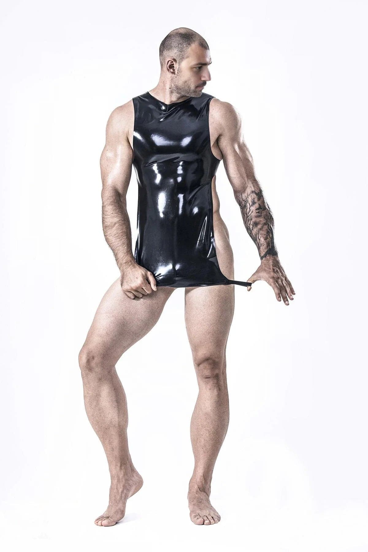 Latex Men’s Bib Top with Front Apron Panel and Leg Straps – Black