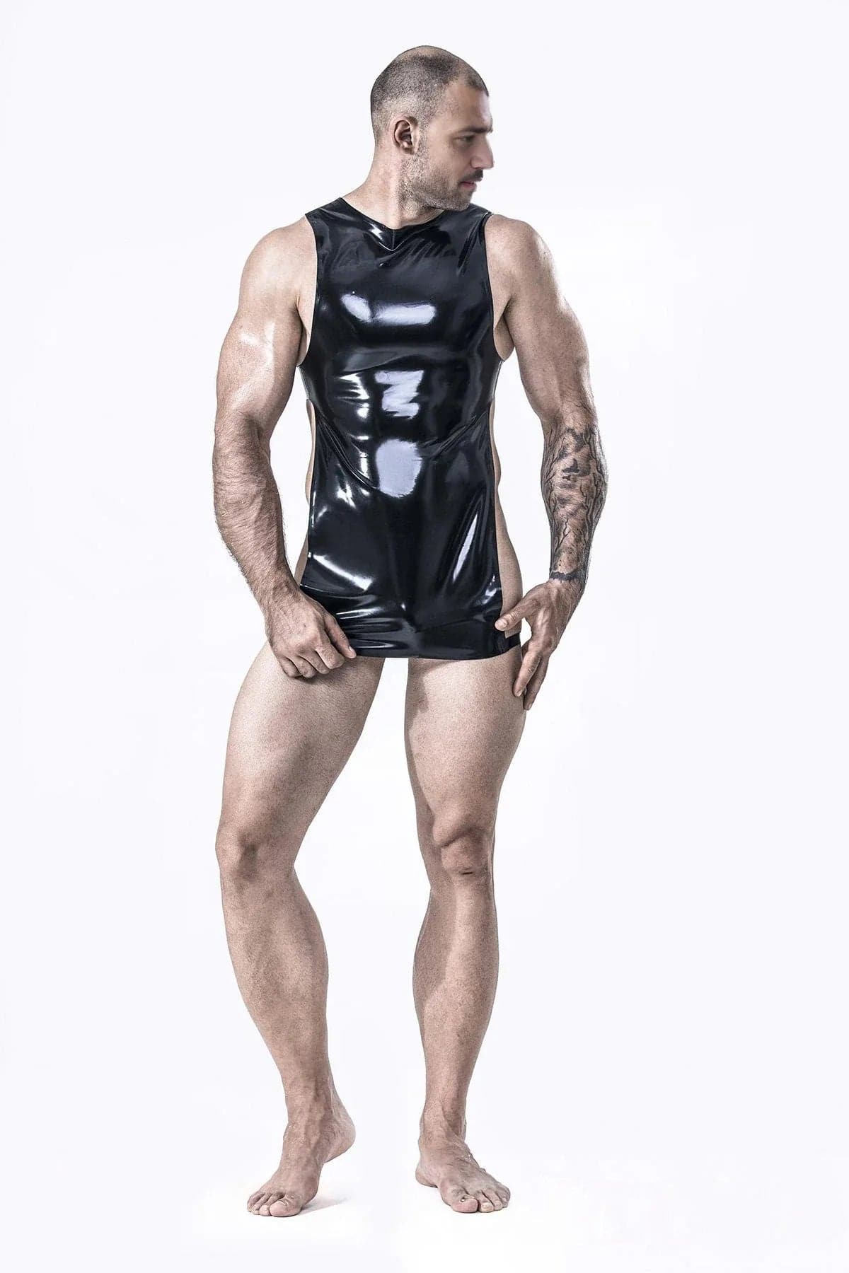 Latex Men’s Bib Top with Front Apron Panel and Leg Straps – Black