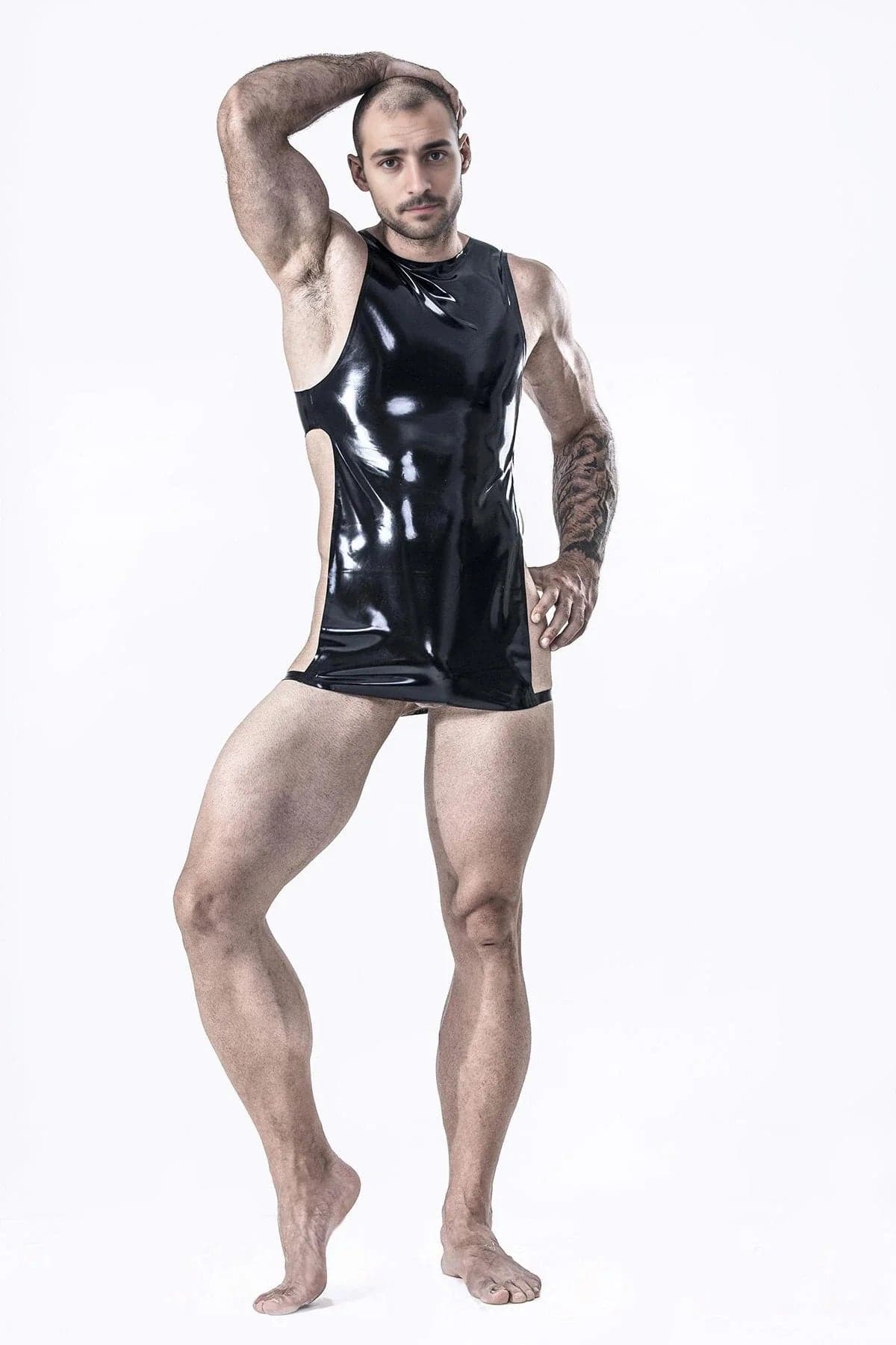 Latex Men’s Bib Top with Front Apron Panel and Leg Straps – Black