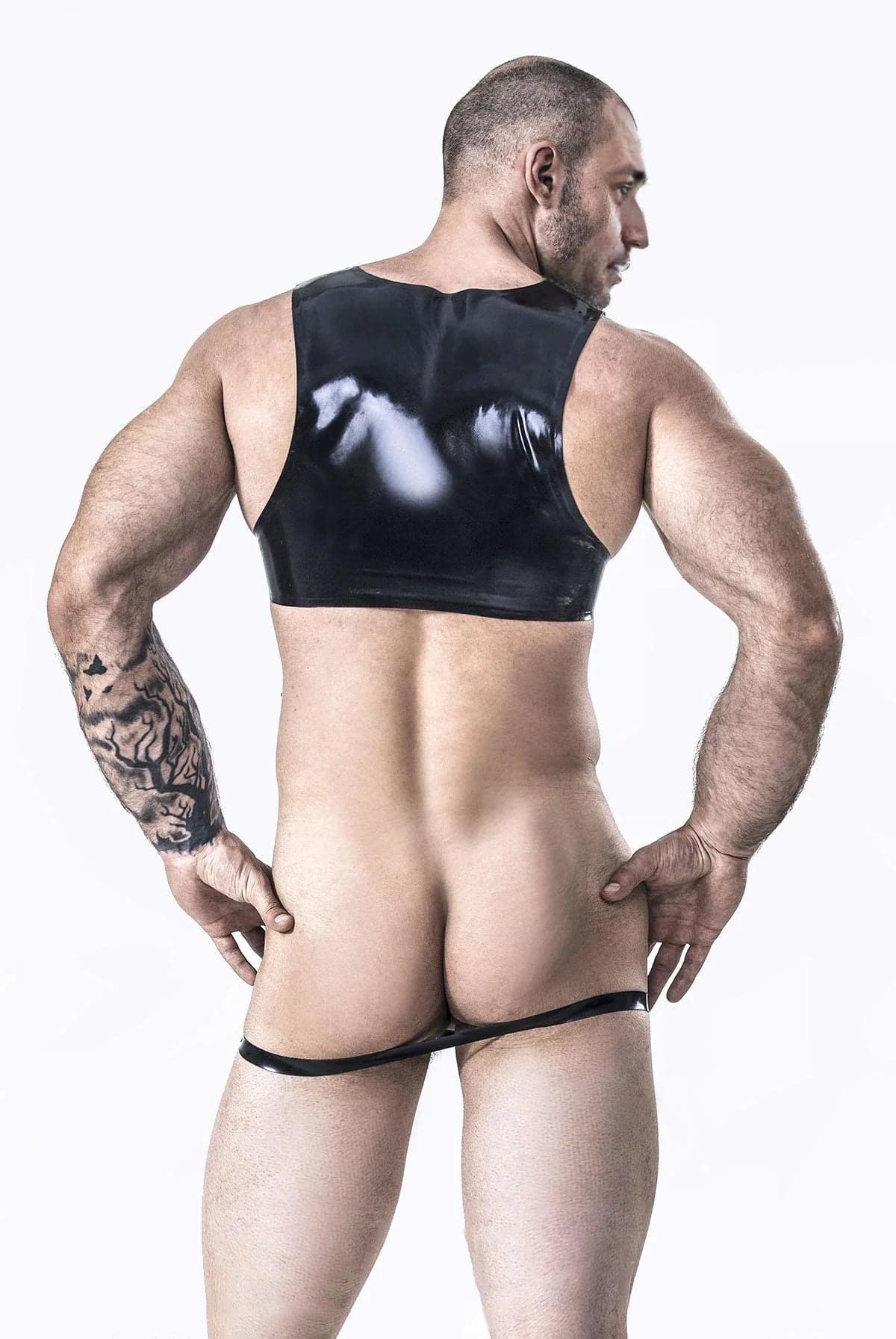 Latex Men’s Bib Top with Front Apron Panel and Leg Straps – Black