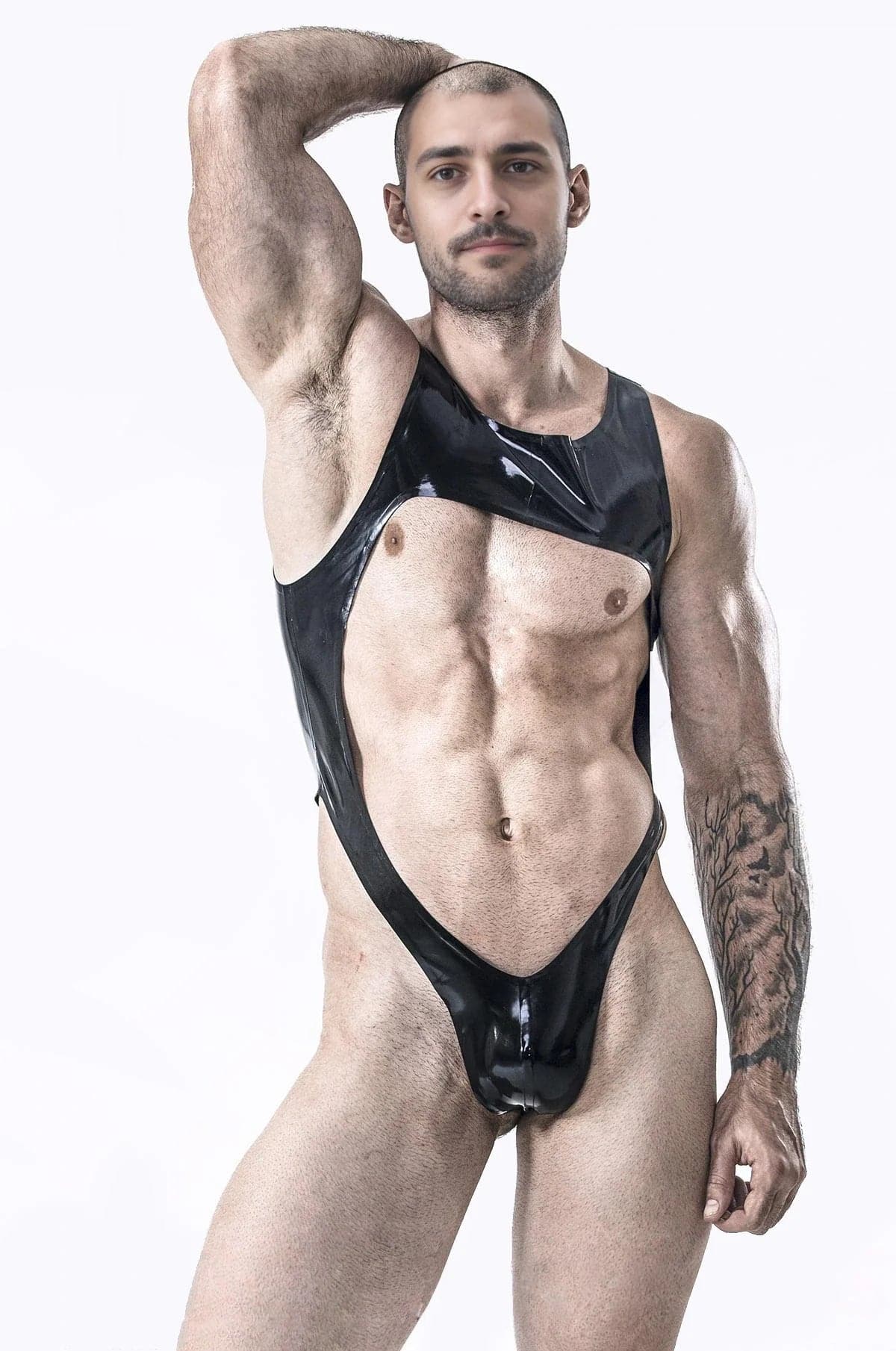 Latex Men’s Thong with Chest Harness – Black