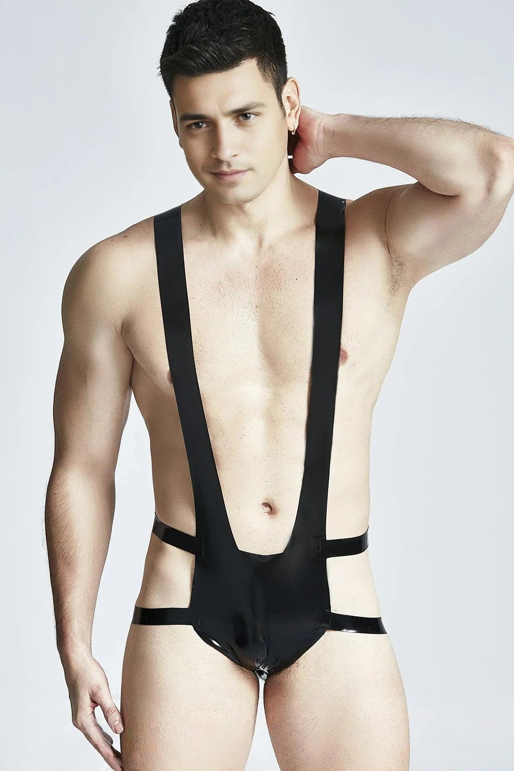 Latex Men’s Harness Pouch Thong with Shoulder Straps – Black