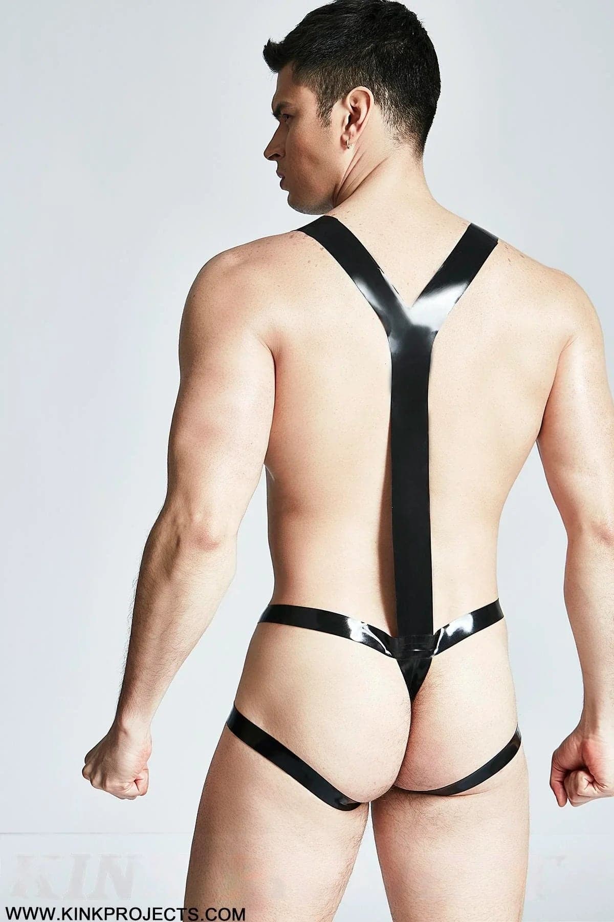 Latex Men’s Harness Pouch Thong with Shoulder Straps – Black