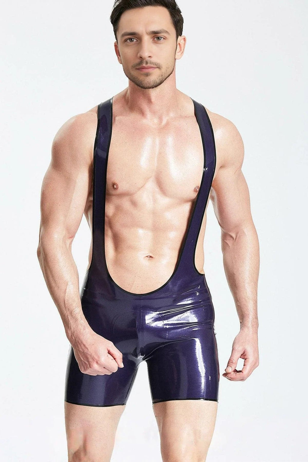Latex Men’s Classic Wrestling Singlet with Y-Back Straps – Metallic Purple and Black